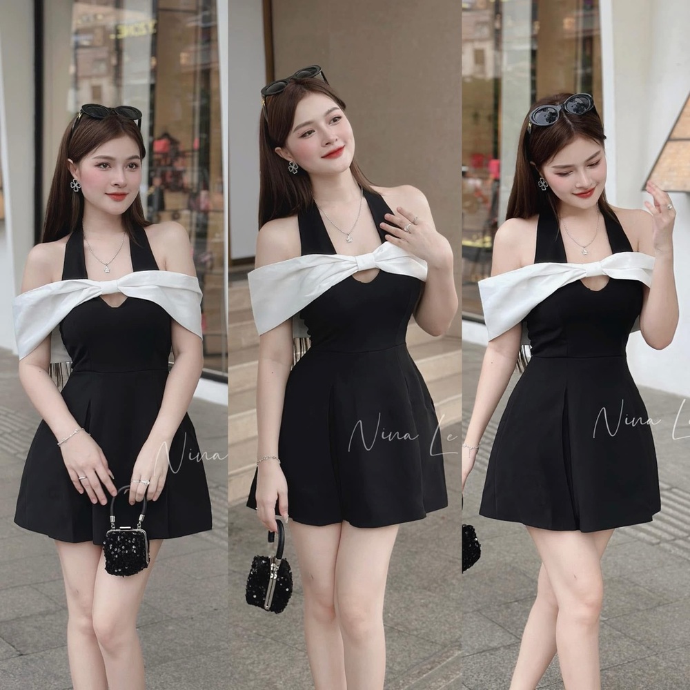 Chic Black and White Halter Mini Dress